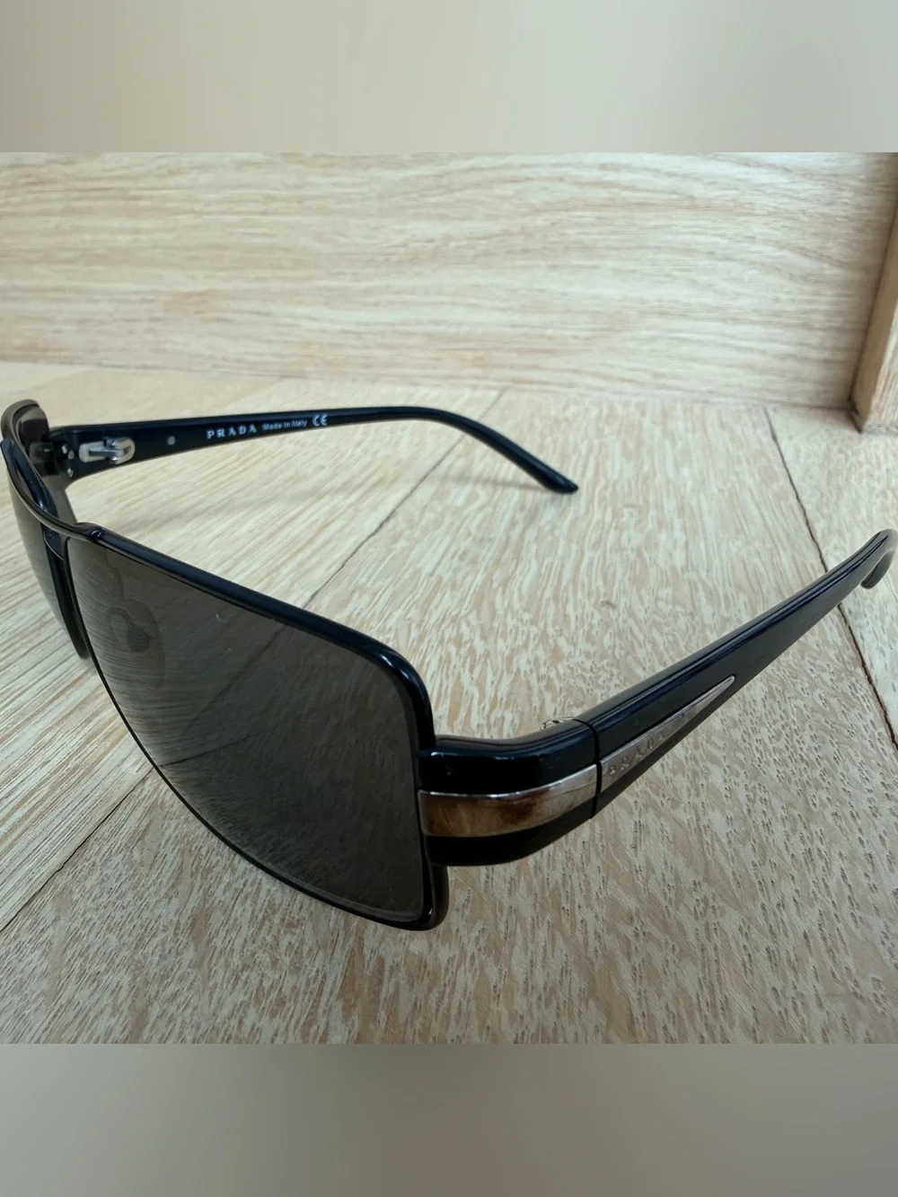 Authentic Prada Mens Black and Gold Rectangular Sunglasses